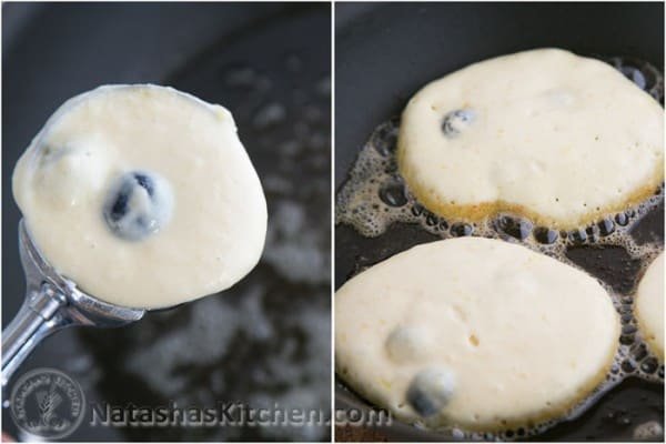 A great tip: an ice cream scoop full of batter; even sized pancakes in a pan