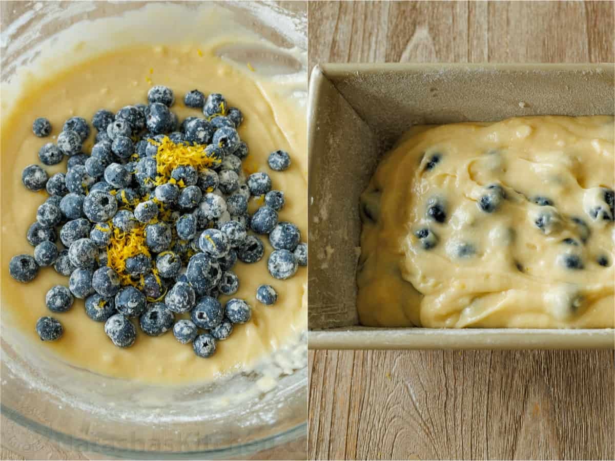 How to make blueberry bread Bluberries and lemon zest are folded into the batter before pouring into loaf pan