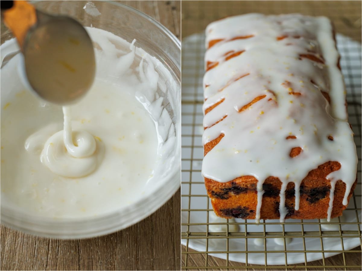 This Blueberry Bread has a moist and tender crumb and is loaded with juicy, sweet, blueberries and lemon zest and pummeled with an irresistible lemon glaze. A bowl of lemon icing next to a blueberry bread loaf generously drizzled with lemon icing