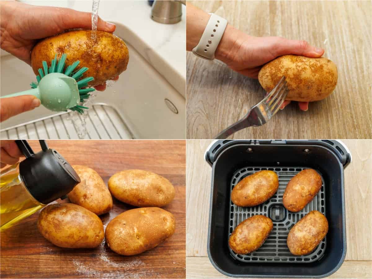 My easy Air Fryer Baked Potato recipe makes the best Baked Potatoes. You'll love the crispy skin with a soft and fluffy center in less time! How to make air fryer baked potatoes step by step collage