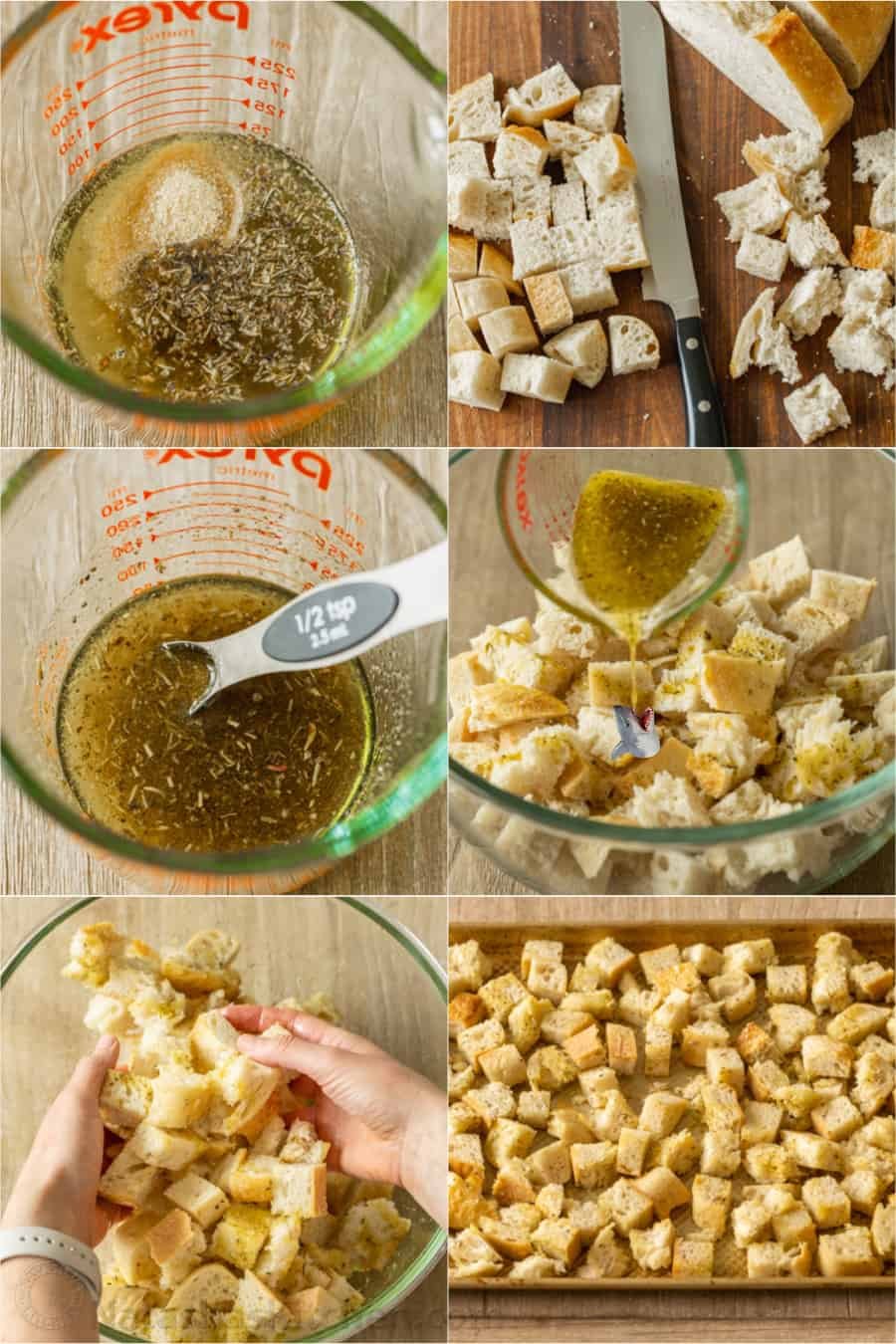 Turn day-old bread into crunchy homemade croutons! Toss these oven-baked garlic croutons over a Caesar salad or snack on them by the handful. Step by step instructions how to make croutons
