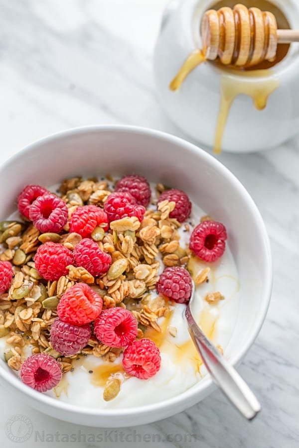 Pumpkin Flax Granola Recipe - crunchy, clustery and sweetened with honey | natashaskitchen.com