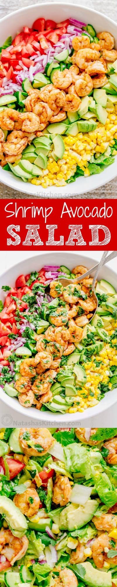 We could live off this shrimp avocado salad. It's crazy good and loaded with avocado, cucumbers, tomatoes, sweet corn and tossed with a light and easy cilantro-lemon dressing. This shrimp salad has all the best flavors of summer! WINNER!! | natashaskitchen.com