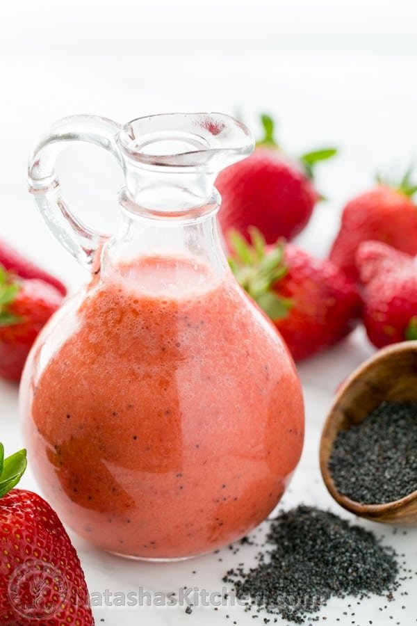 Strawberry, Apple & Pear Spinach Salad with a Strawberry Vinaigrette. Healthy and delicious! @NatashasKitchen