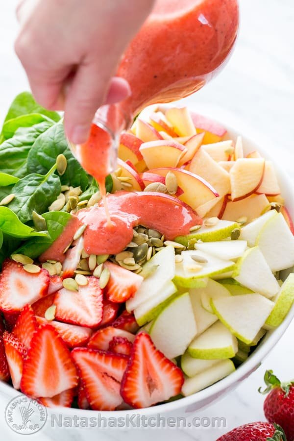 Strawberry, Apple & Pear Spinach Salad with a Strawberry Vinaigrette. Healthy and delicious! @NatashasKitchen