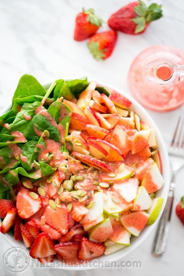 Strawberry, Apple & Pear Spinach Salad with a Strawberry Vinaigrette. Healthy and delicious! @NatashasKitchen