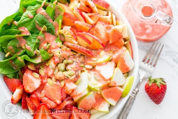 Strawberry, Apple & Pear Spinach Salad with a Strawberry Vinaigrette. Healthy and delicious! @NatashasKitchen