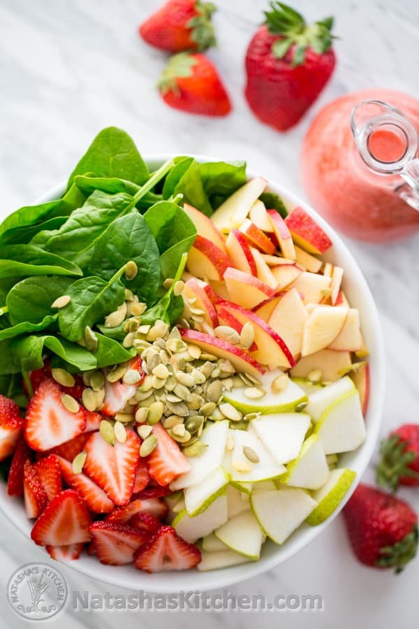 Strawberry, Apple & Pear Spinach Salad with a Strawberry Vinaigrette. Healthy and delicious! @NatashasKitchen