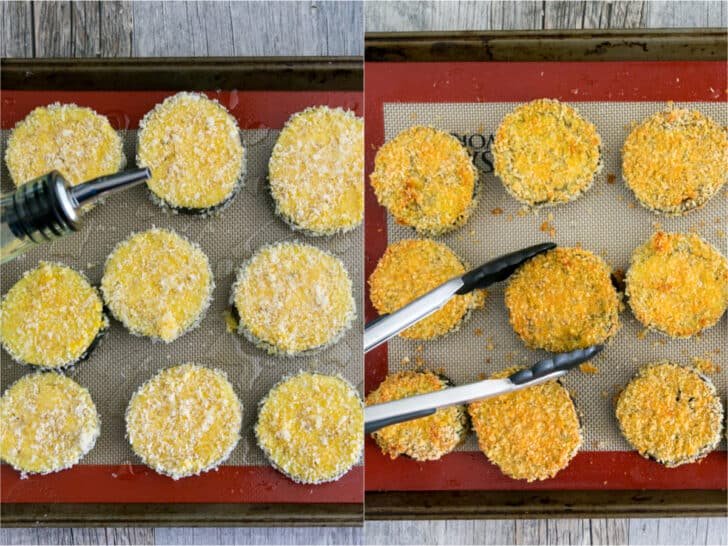 This Baked Eggplant Parmesan recipe fills your mouth with crisp eggplant, flavorful marinara, and plenty of melted cheese to replicate a classic Italian dish Eggplant slices after being coated and baked