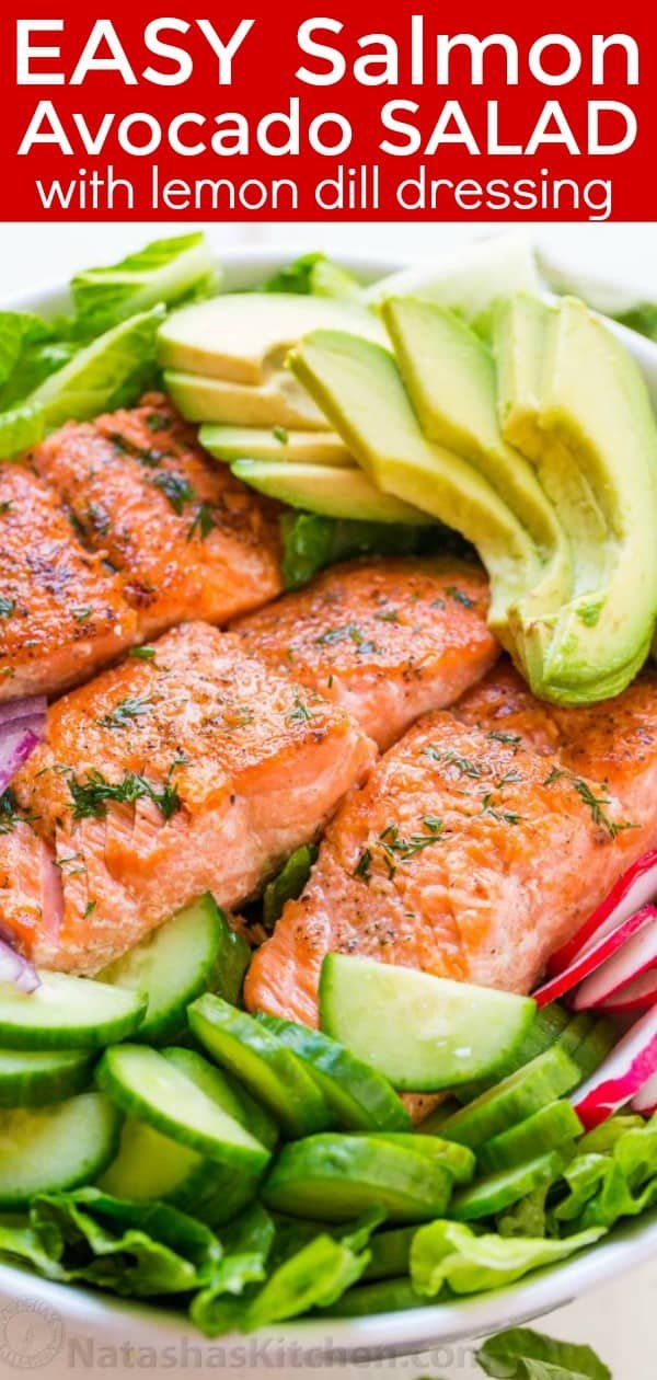 This avocado salmon salad recipe is loaded with all of the best salad ingredients; crisp cucumber and lettuce, and juicy pan seared salmon. The lemon dill dressing is so easy and gives this salmon salad amazing fresh flavor. | natashaskitchen.com