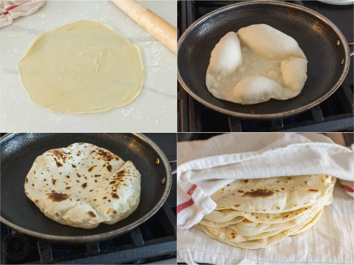 Photo collage showing the process for rolling and then cooking flour tortillas on a skillet.