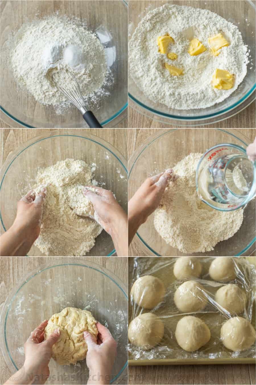 Photo collage showing the process for mixing and shaping the dough for flour tortillas.