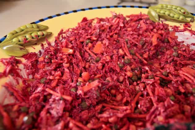 A plate with the red cabbage wreath salad mixed together 
