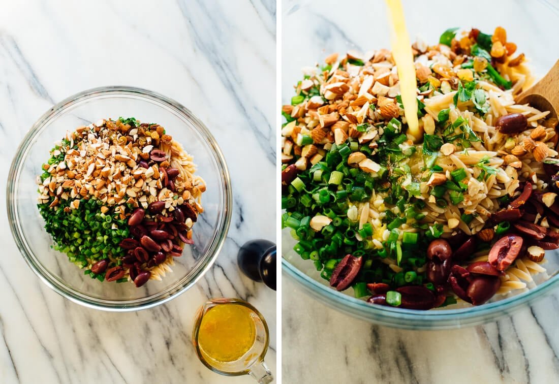 pouring dressing into orzo salad