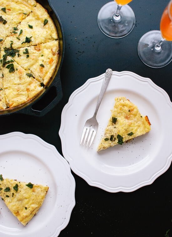 Butternut frittata with Parmesan and fried sage on top! cookieandkate.com