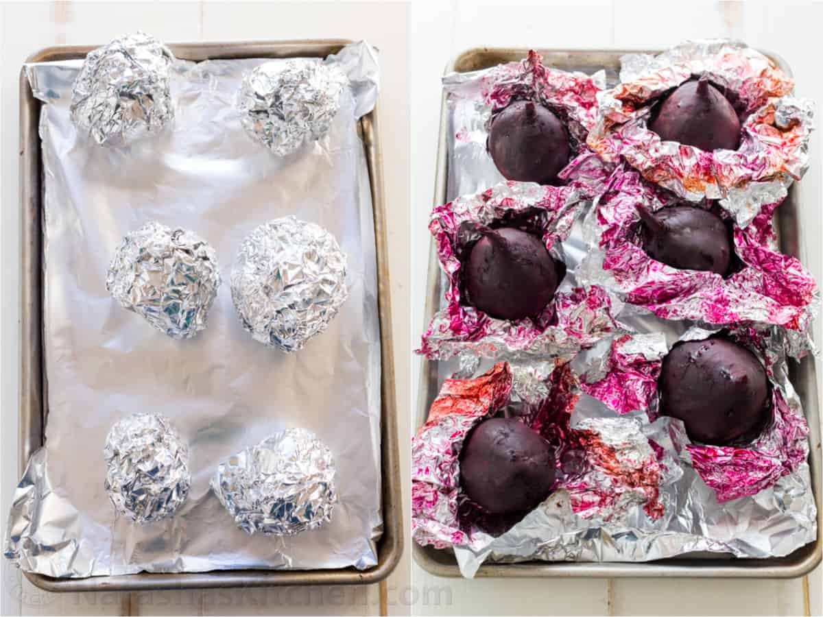 How to roast beets for beet salad Two photos with beets on a cooking tray, in one beets are wrapped in foil in other unwrapped