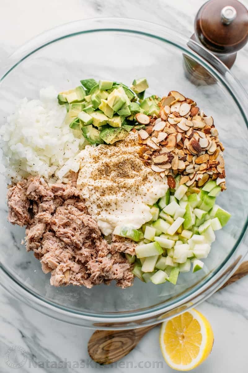 The best tuna salad loaded with flaky tuna, crisp apple, and avocado making it irresistibly creamy. This is our go-to canned tuna salad recipe. Fresh tuna salad with apple recipe ingredients in a bowl before mixing