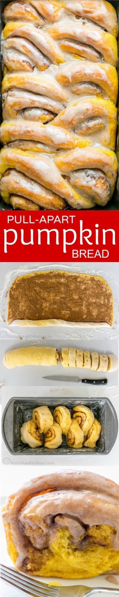 You'll make this Pumpkin Bread over and over. Cinnamon rolls + pumpkin pie + amazing cinnamon glaze = this pull-apart pumpkin bread! It melts in your mouth! | natashaskitchen.com