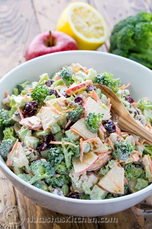 This broccoli apple salad with crisp apples, walnuts and creamy lemon dressing has been a family favorite for years. All of the flavors work really well together. The best Broccoli Salad! | natashaskitchen.com