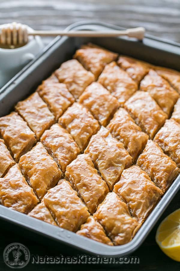 A tray of Baklava cut into diamonds. 