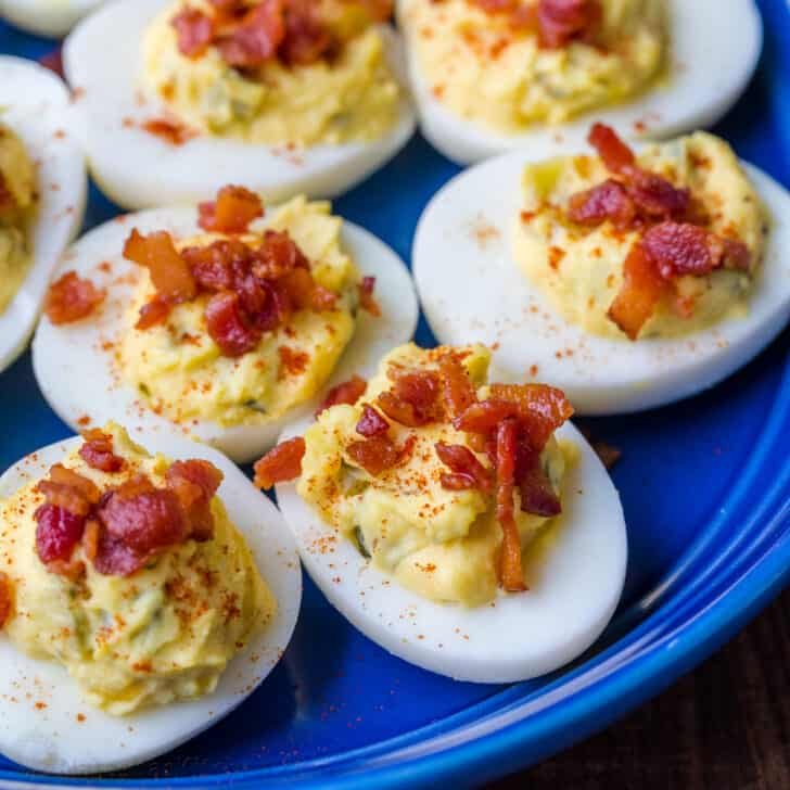 Deviled Eggs served on blue platter