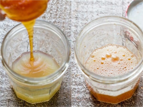 Two photos of glass jars with dressing 