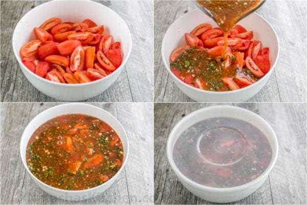 Addictively delicious! Served these marinated tomatoes at a potluck and everyone wanted the recipe! Marinated tomatoes are a great make-ahead side dish.