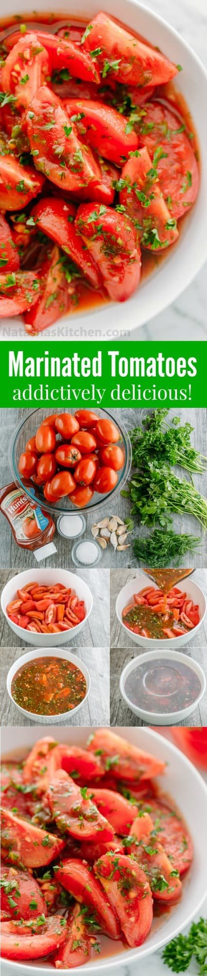 Addictively delicious! Served these marinated tomatoes at a potluck and everyone wanted the recipe! Marinated tomatoes are a great make-ahead side dish.