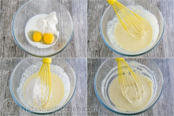 These Greek yogurt pancakes aren't your standard pancakes! They are delicate and crisp on the edges - delicious!| natashaskitchen.com
