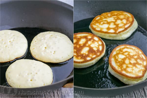 These Greek yogurt pancakes aren't your standard pancakes! They are delicate and crisp on the edges - delicious!| natashaskitchen.com