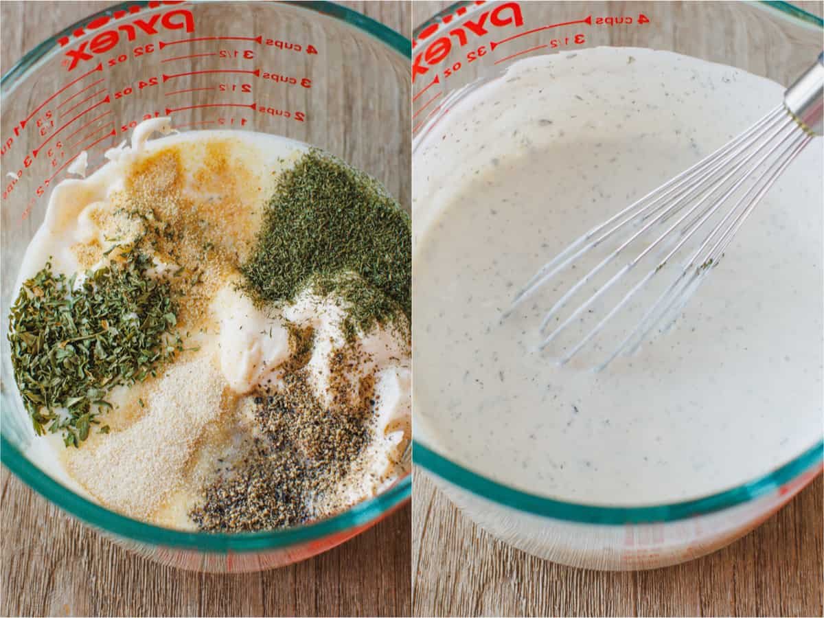 Make restaurant-style buttermilk Ranch Dressing in seconds! This creamy homemade ranch recipe is perfect as a salad dressing or as a dip. Side-by-side images of the ingredients for ranch dressing being combined and whisked together in a measuring cup.