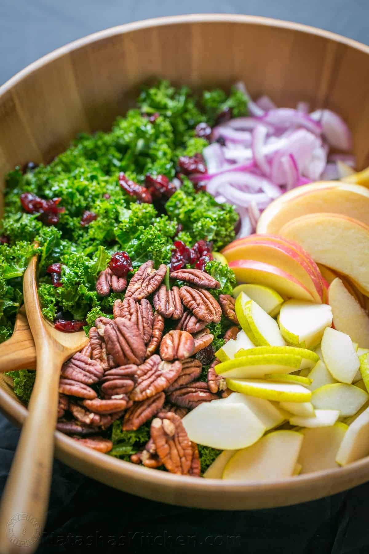 You will love this Autumn-inspired Kale Salad Recipe with apples, pears, cranberries, and toasted pecans with honey lemon dressing. It's so easy to prepare and it's one of the few green salads that can be made ahead. #kalesalad #kalesaladrecipe #kalesaladdressing #salad #saladrecipes Healthy Kale Salad in bowl with serving spoons