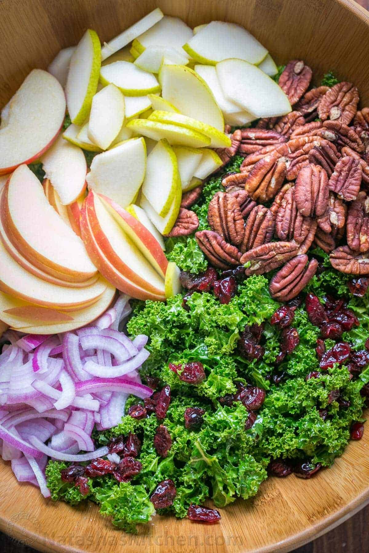 You will love this Autumn-inspired Kale Salad Recipe with apples, pears, cranberries, and toasted pecans with honey lemon dressing. It's so easy to prepare and it's one of the few green salads that can be made ahead. #kalesalad #kalesaladrecipe #kalesaladdressing #salad #saladrecipes Kale Salad ingredients combined in a bowl with kale, apple, pears, pecans, cranberries, onion