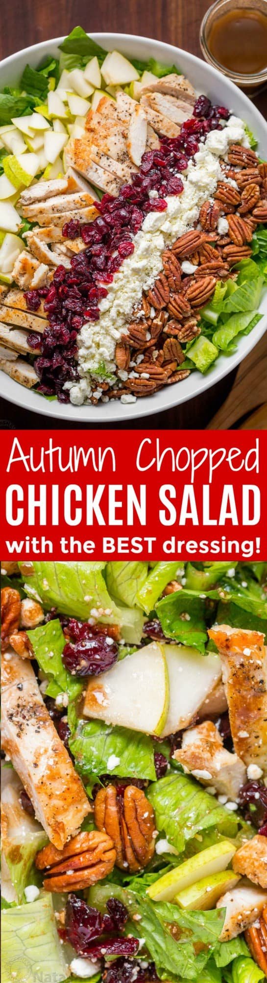 Autumn Chopped Chicken Salad will be your favorite Fall salad. Chicken Salad with pears, craisins, pecans, feta and chicken with easy balsamic vinaigrette! | natashaskitchen.com