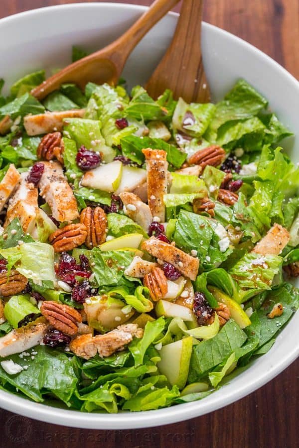 Autumn Chopped Chicken Salad is a Fall Chicken Salad with pears, craisins, pecans, feta and chicken drizzled with easy balsamic vinaigrette
