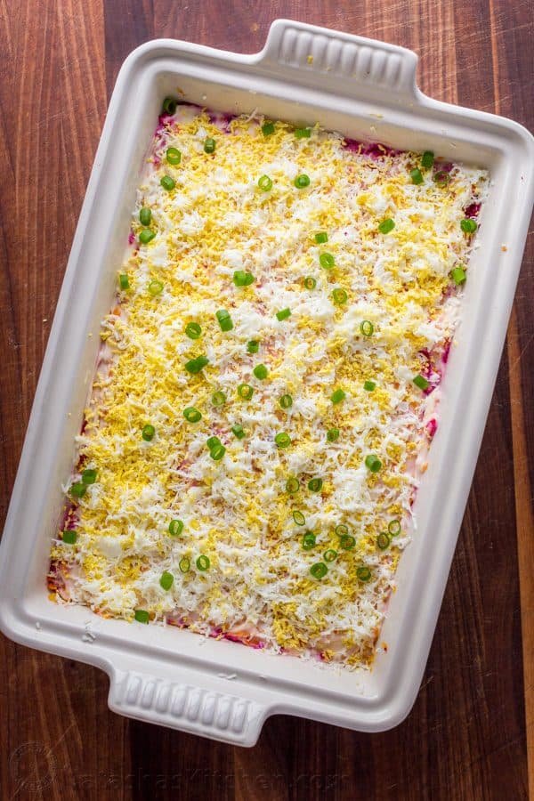 This Smoked Salmon Salad is our version of the classic Russian Shuba. This salmon layer salad is unique and absolutely delicious. WOW your dinner guests! | natashaskitchen.com
