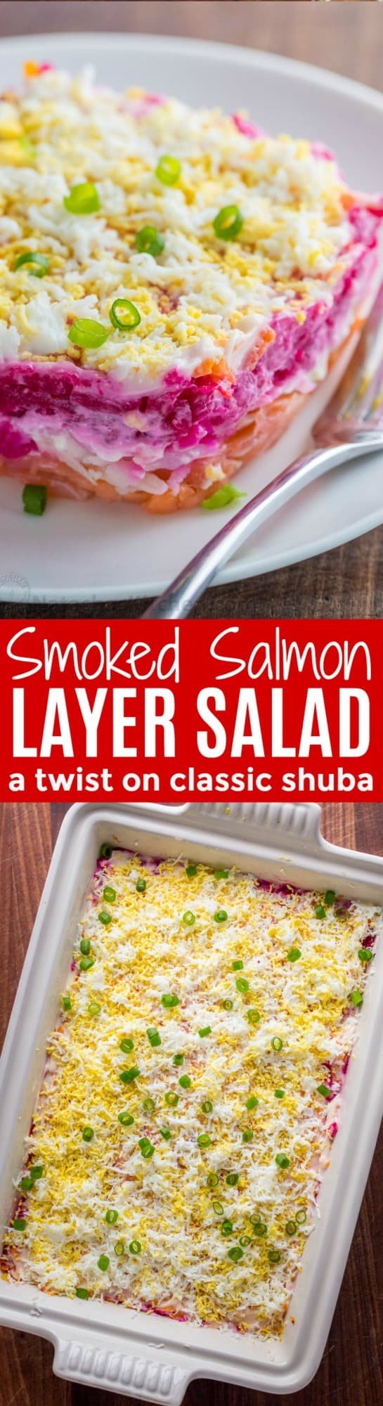 This Smoked Salmon Salad is our version of the classic Russian Shuba. This salmon layer salad is unique and absolutely delicious. WOW your dinner guests! | natashaskitchen.com