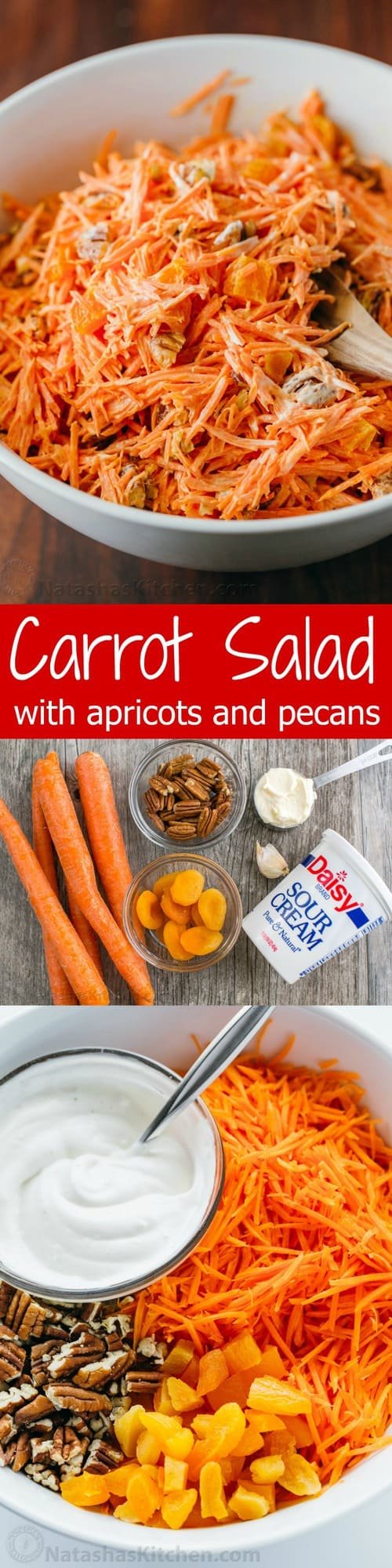 A simple and tasty carrot salad studded with apricots and pecans. The dressing in this carrot salad is delicious - you'll want it on all of your salads! 