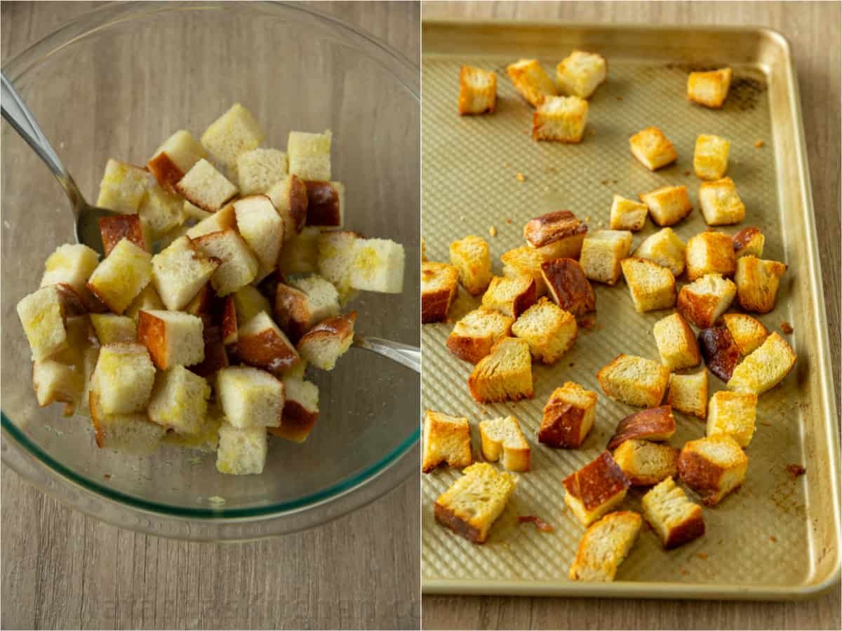 Crusty bread tossed in oil and baked on baking sheet