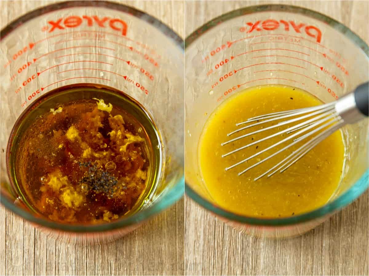 Vinaigrette Dressing Ingredients mixed together in measuring cup