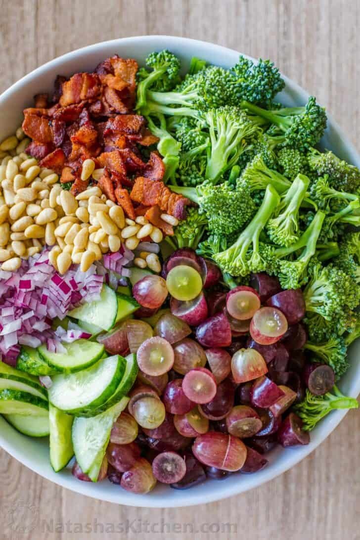 How to make broccoli salad with all ingredients arranged separately in bowl