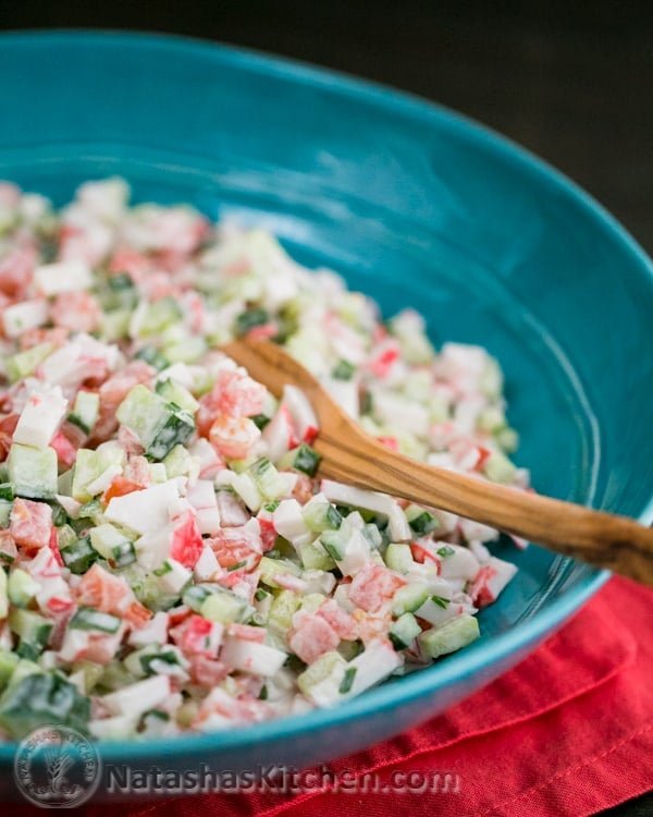 The flavor of this Crab Salad with Cucumber and Tomato is wonderful. Surprisingly it stays crisp and tastes great the next day too.