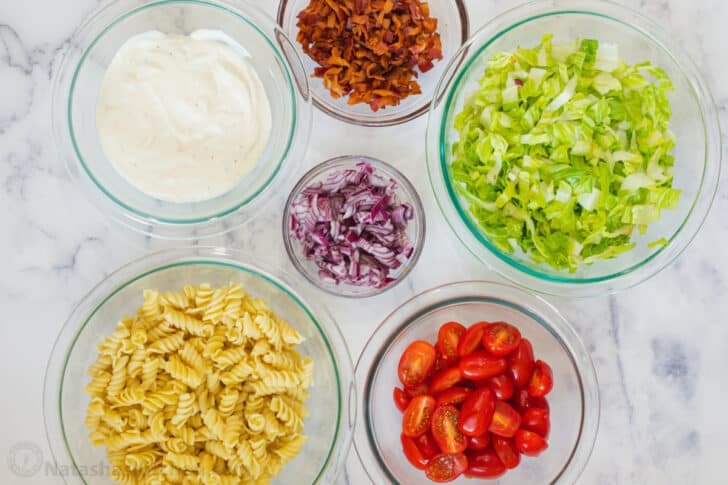 All the ingredients needed for homemade blt pasta salad laid out. 