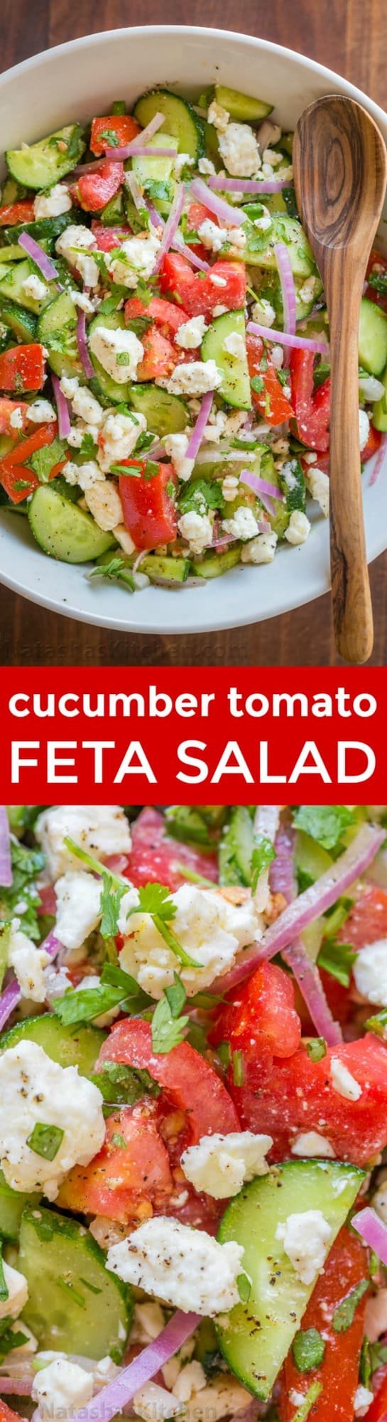 This Tomato Cucumber Feta Salad has simple ingredients that are a winning combination. Refreshing and flavorful! A new favorite cucumber tomato feta salad! | natashaskitchen.com