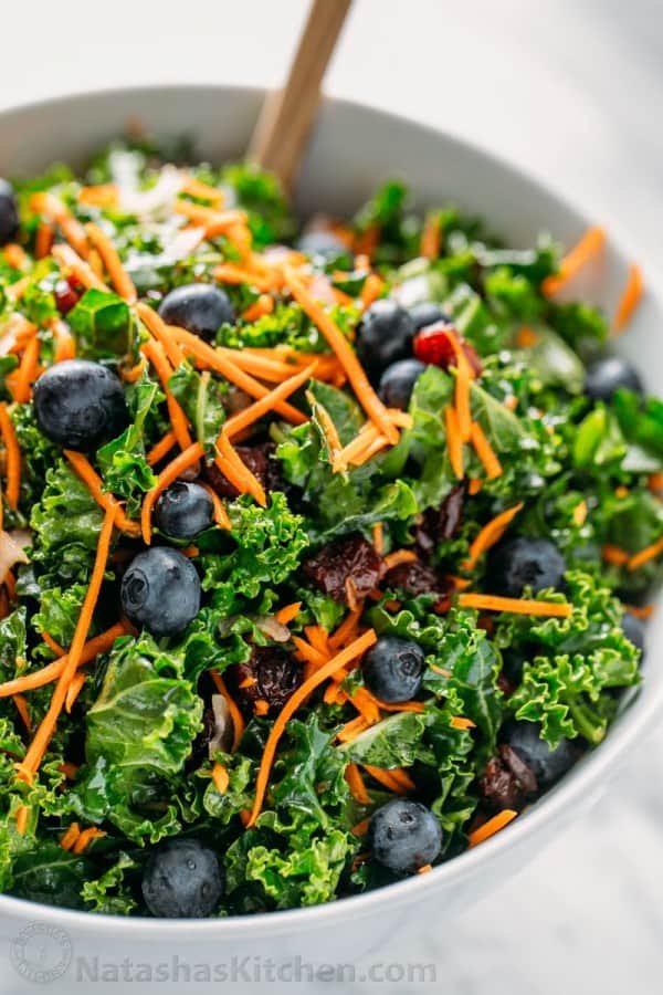 This kale salad is a make-ahead GREEN salad and is just as good the next day (perfect for parties!). So healthy and delicious. You'll make this kale salad again and again! 