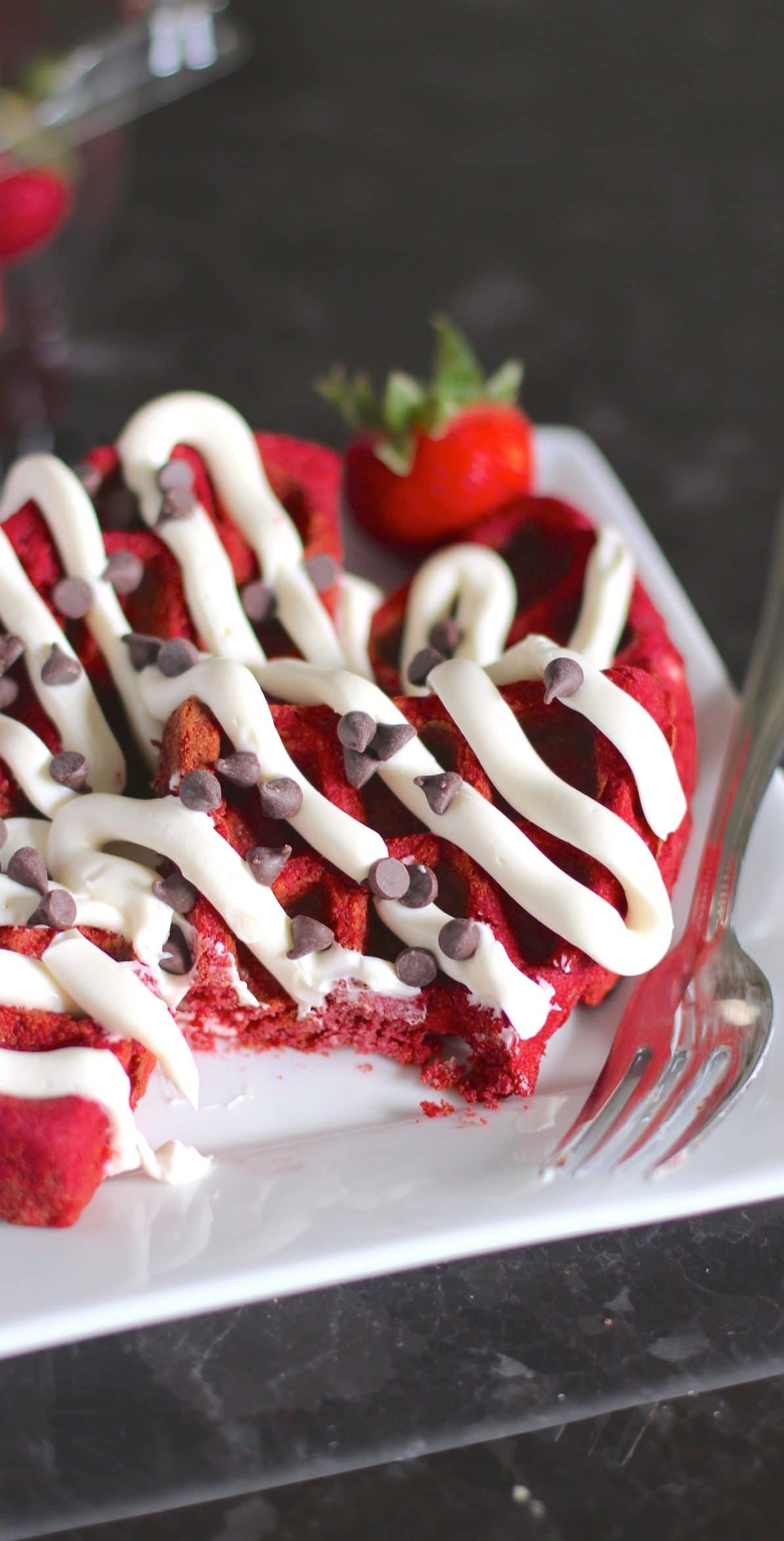 Healthy Low Carb and Gluten Free Red Velvet Waffles with Cream Cheese Frosting (sugar free, low carb, low fat, high fiber, high protein, gluten free) - Healthy Dessert Recipes at Desserts with Benefits