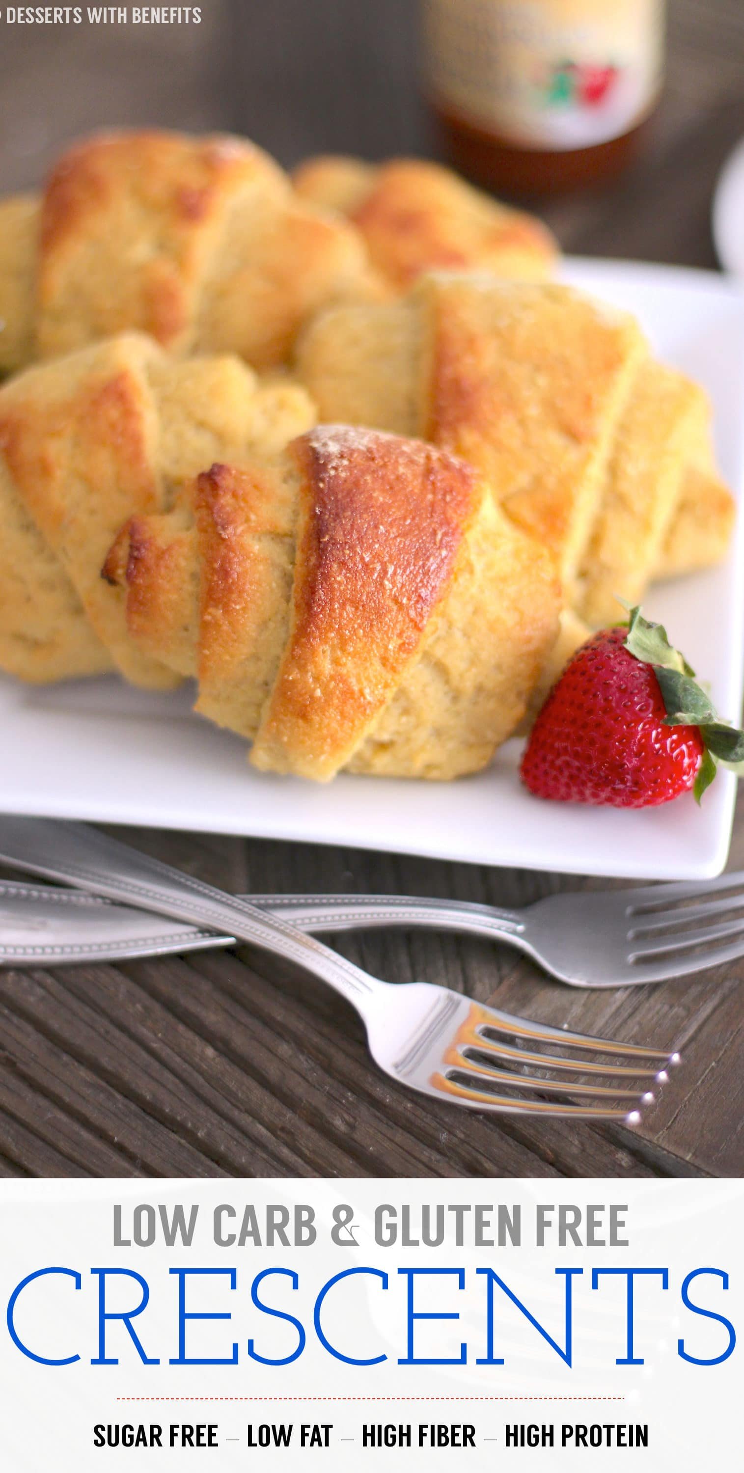 These Healthy Homemade Gluten-Free Crescent Rolls are soft, lightly sweet and super buttery... you'd never know they're made without butter, sugar and white flour! They don't taste low fat, sugar free, high protein and gluten free ONE BIT | Healthy Dessert Recipes with sugar free, low calorie, low fat, high protein, gluten free, dairy free and vegan options at the Desserts With Benefits Blog (www.DessertsWithBenefits.com)