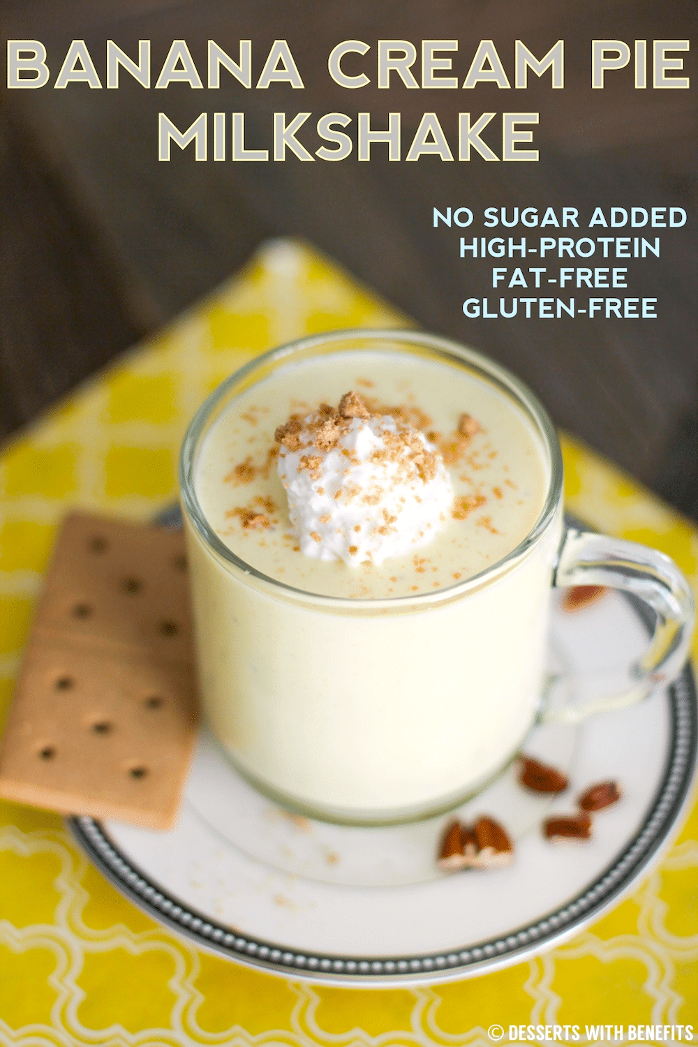 This Healthy Banana Cream Pie Milkshake tastes like banana cream pie in smoothie form. It's so sweet and creamy, you'd never know it's low fat! -- Healthy Dessert Recipes at the Desserts With Benefits Blog