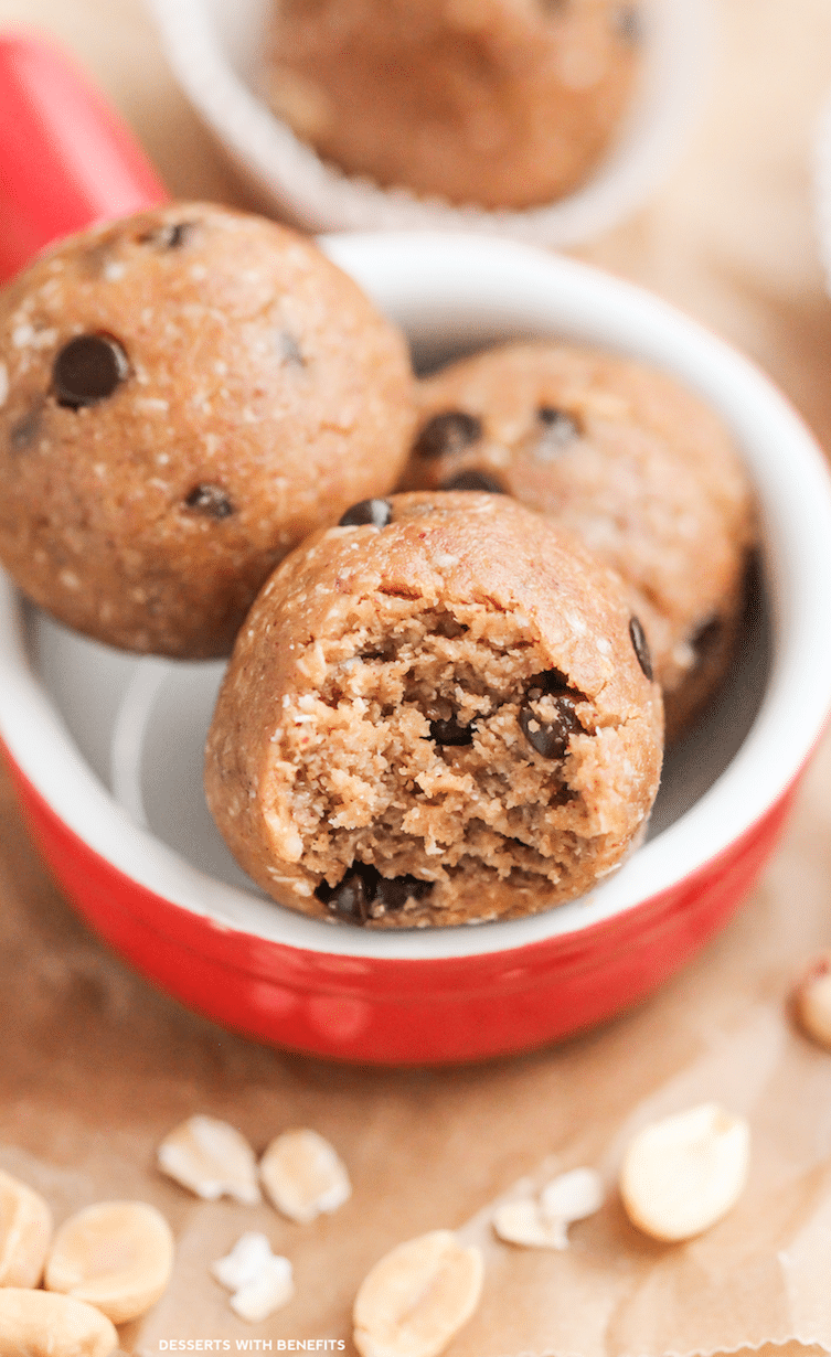 Healthy No-Bake Chocolate Chip Peanut Butter Cookie Dough Energy Bites (no sugar added, gluten free, dairy free, vegan) - Desserts with Benefits