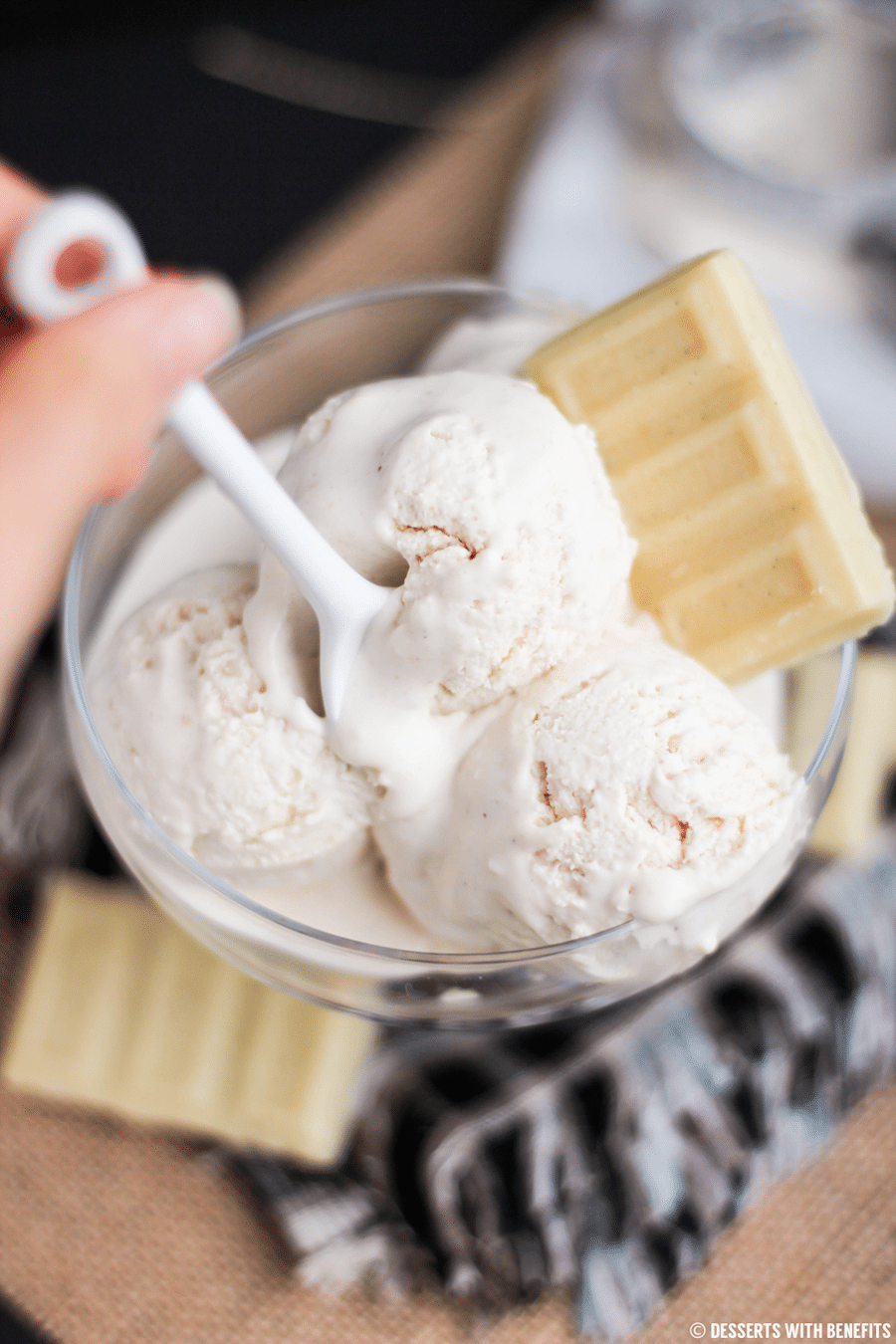 Healthy White Chocolate Peanut Butter Ice Cream recipe (sugar free, low carb, high protein) - Desserts with Benefits